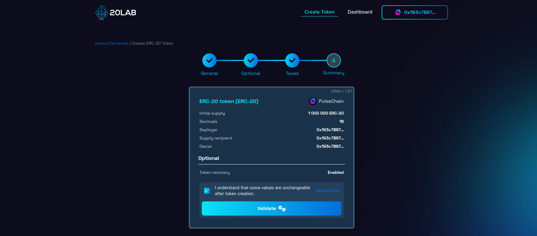 Summary page with all selected features and provided values