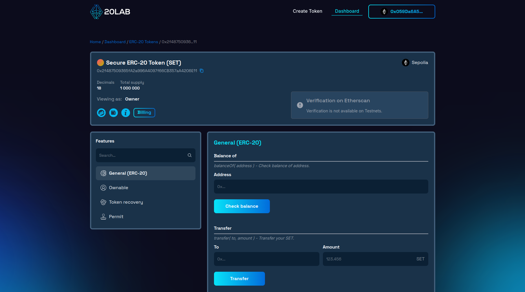 Dashboard panel for created ERC-20 token