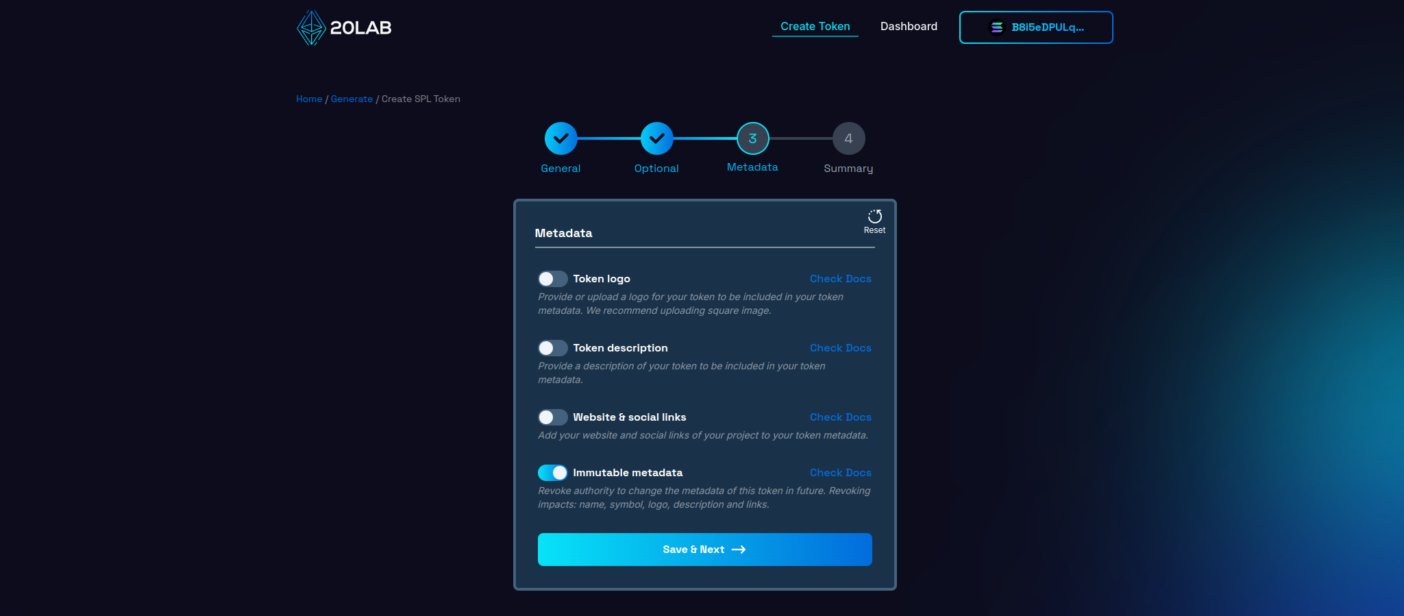 Empty metadata section of SPL token generator