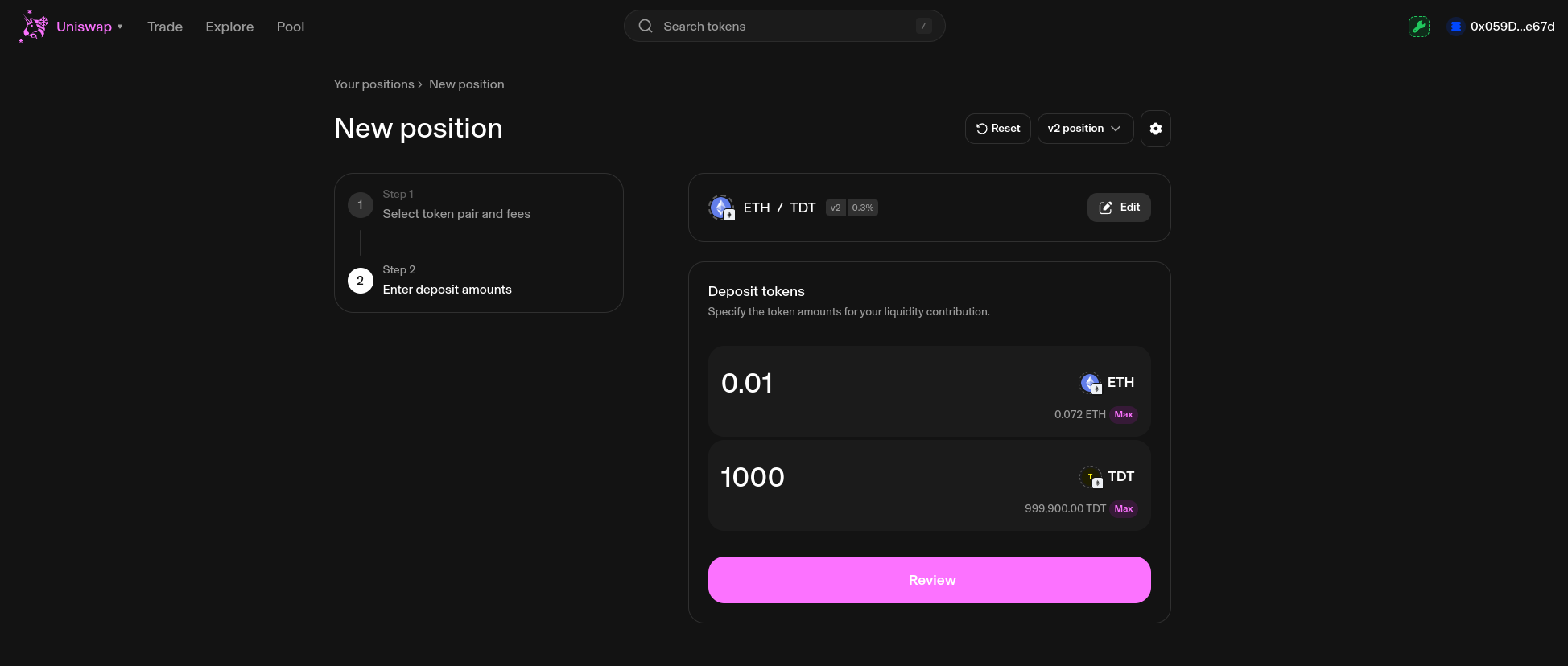 Depositing tokens and ETH on Uniswap V2