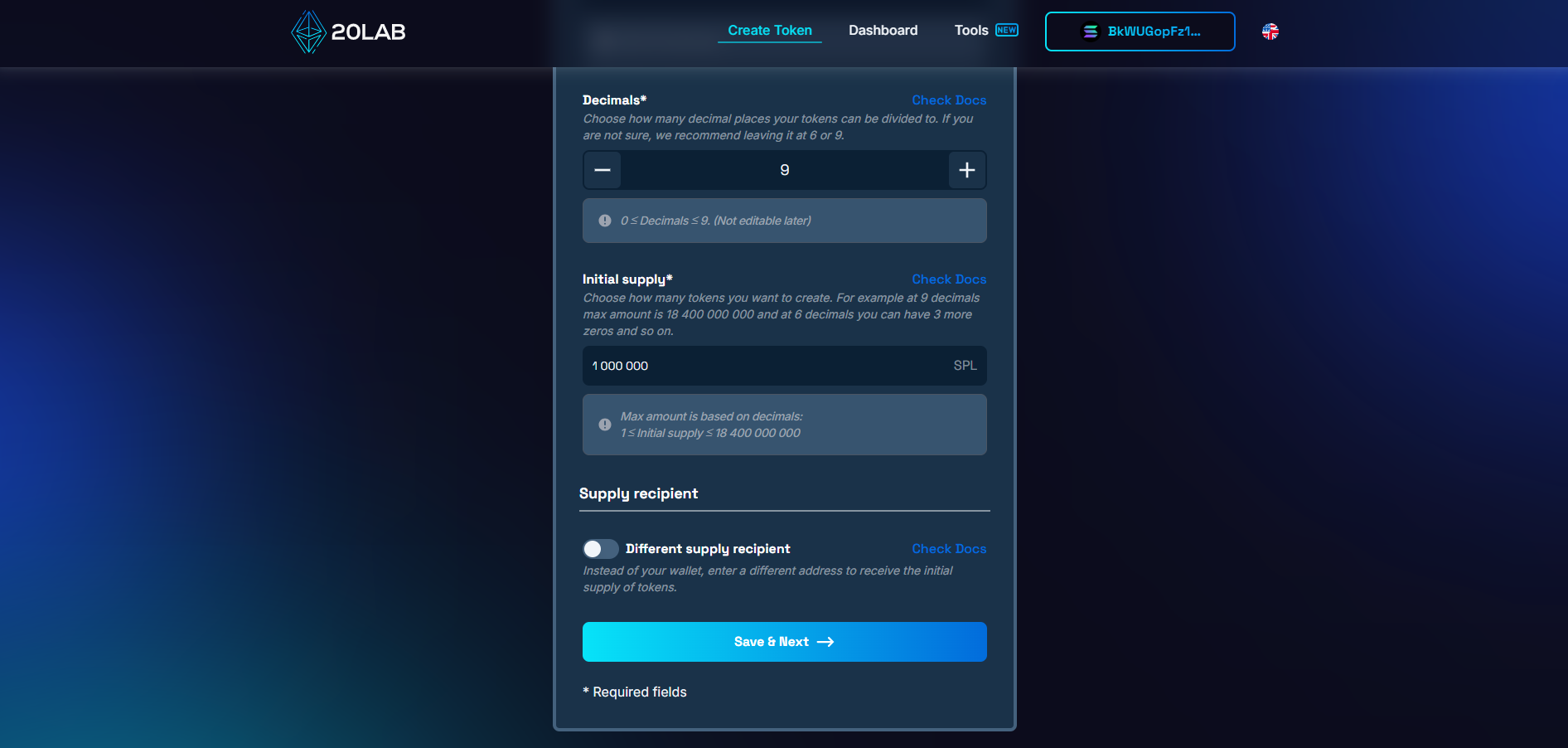 Interface for creating tokens on platform, showing options to set decimals, initial supply, and supply recipient.