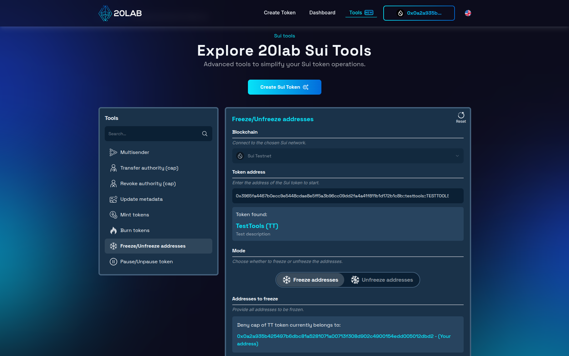 Token address added in freeze tool interface