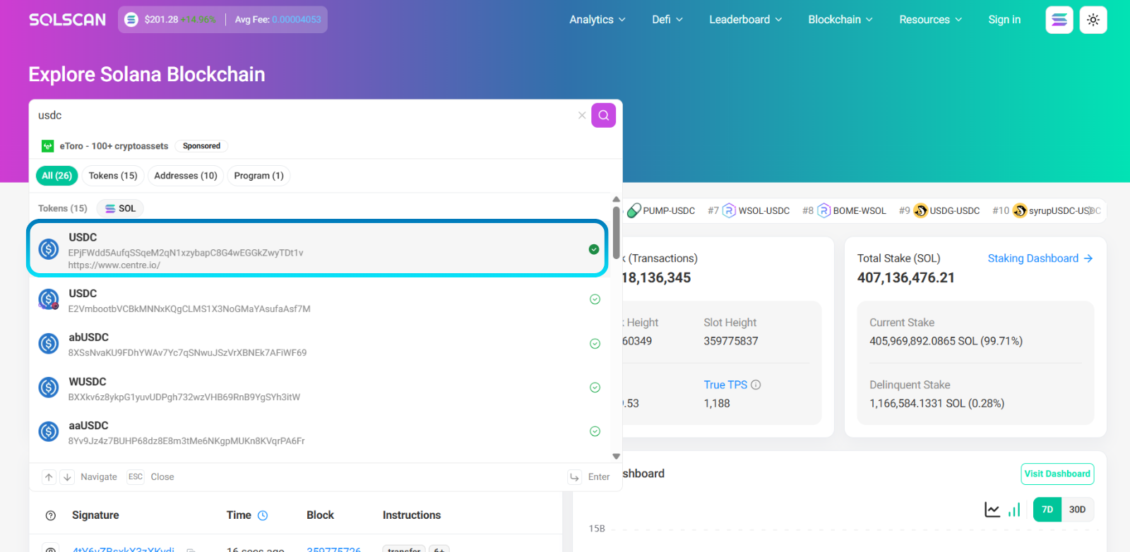 Solscan page showing search results for “usdc” with the selected token highlighted.