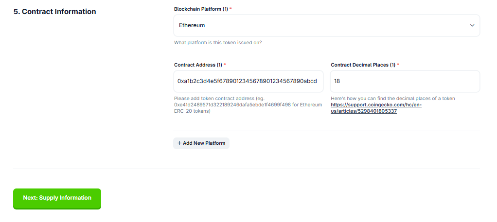Fragment of CoinGecko application form with sections for contract information including blockchain platform selection dropdown, contract address field, and decimal places specification.