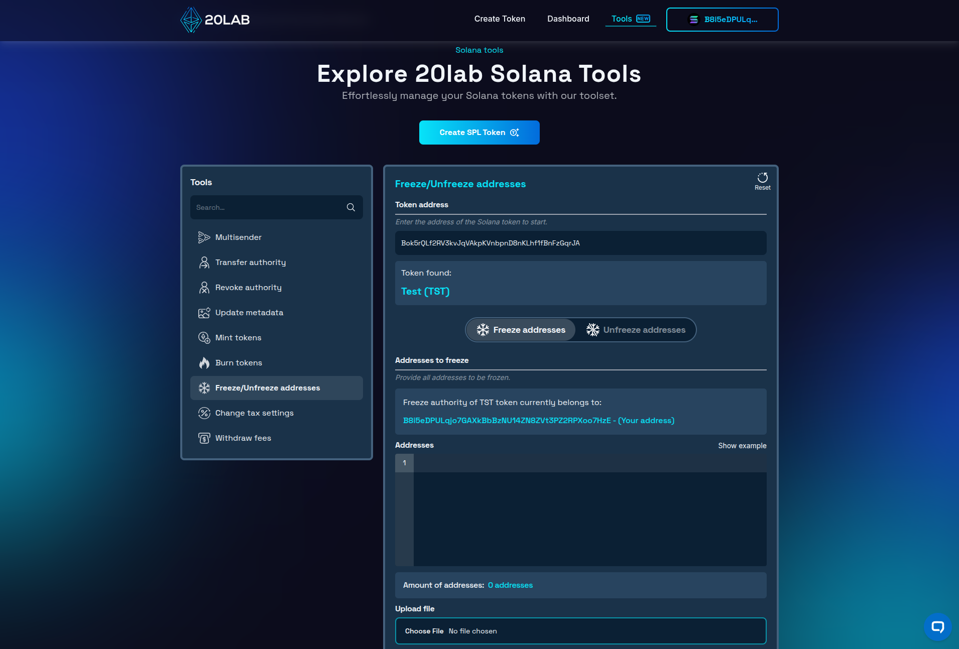 Solana freeze tool interface