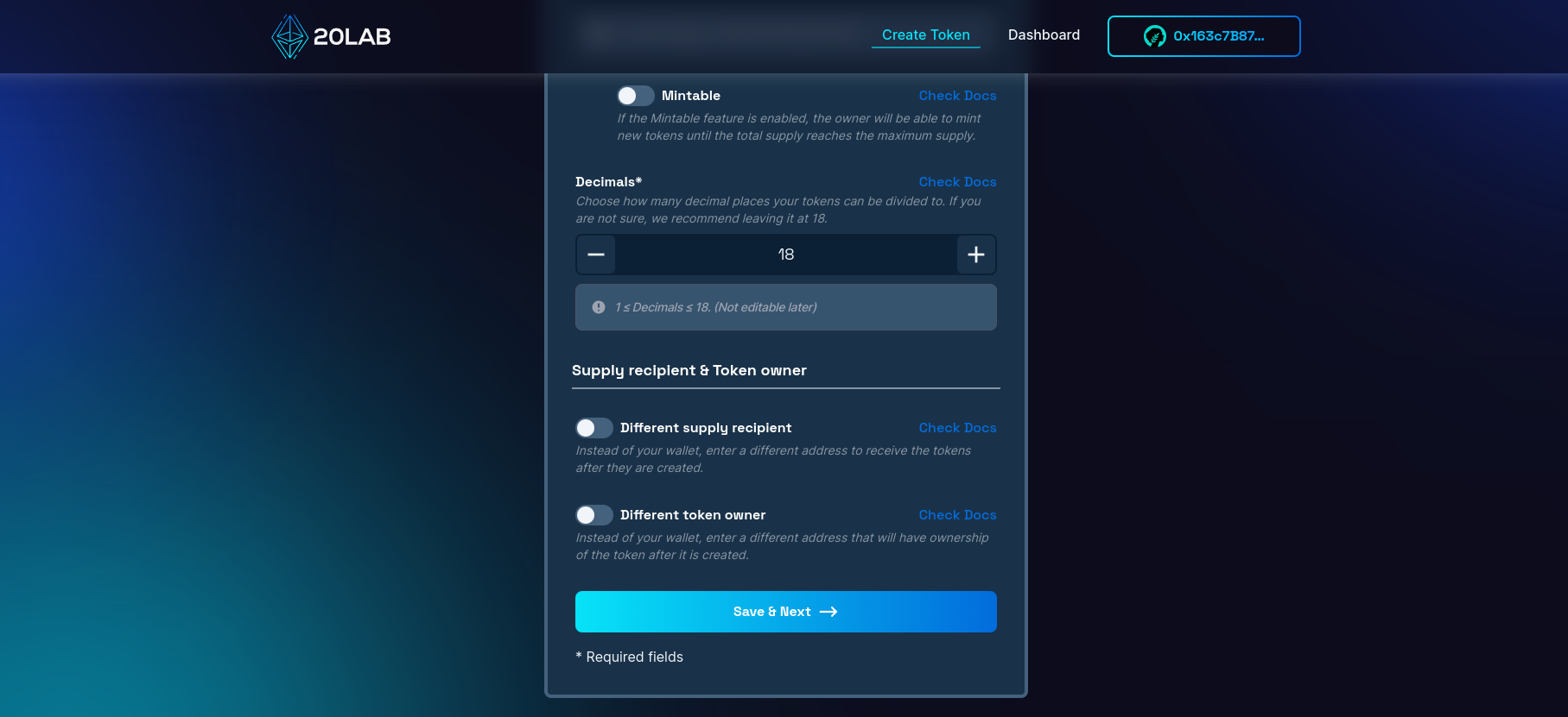 View on different supply recipient and different token owner options