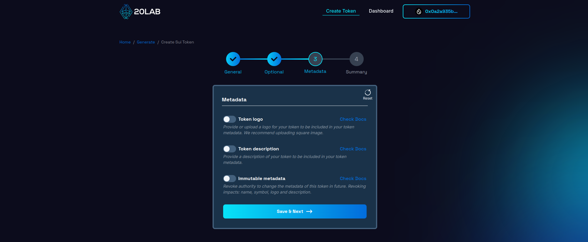 Empty metadata section of Sui token generator