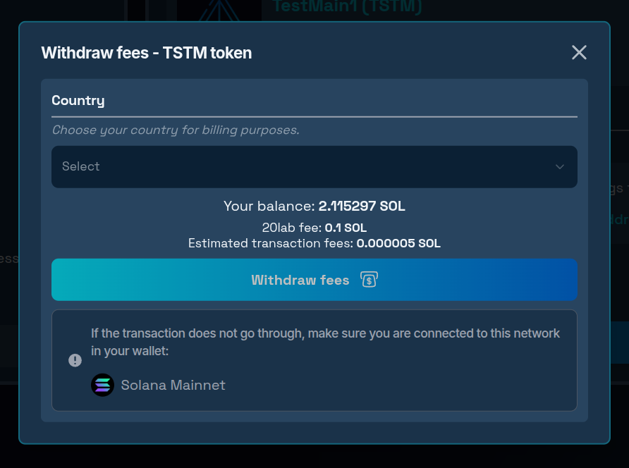 Withdraw fees tool confirmation window
