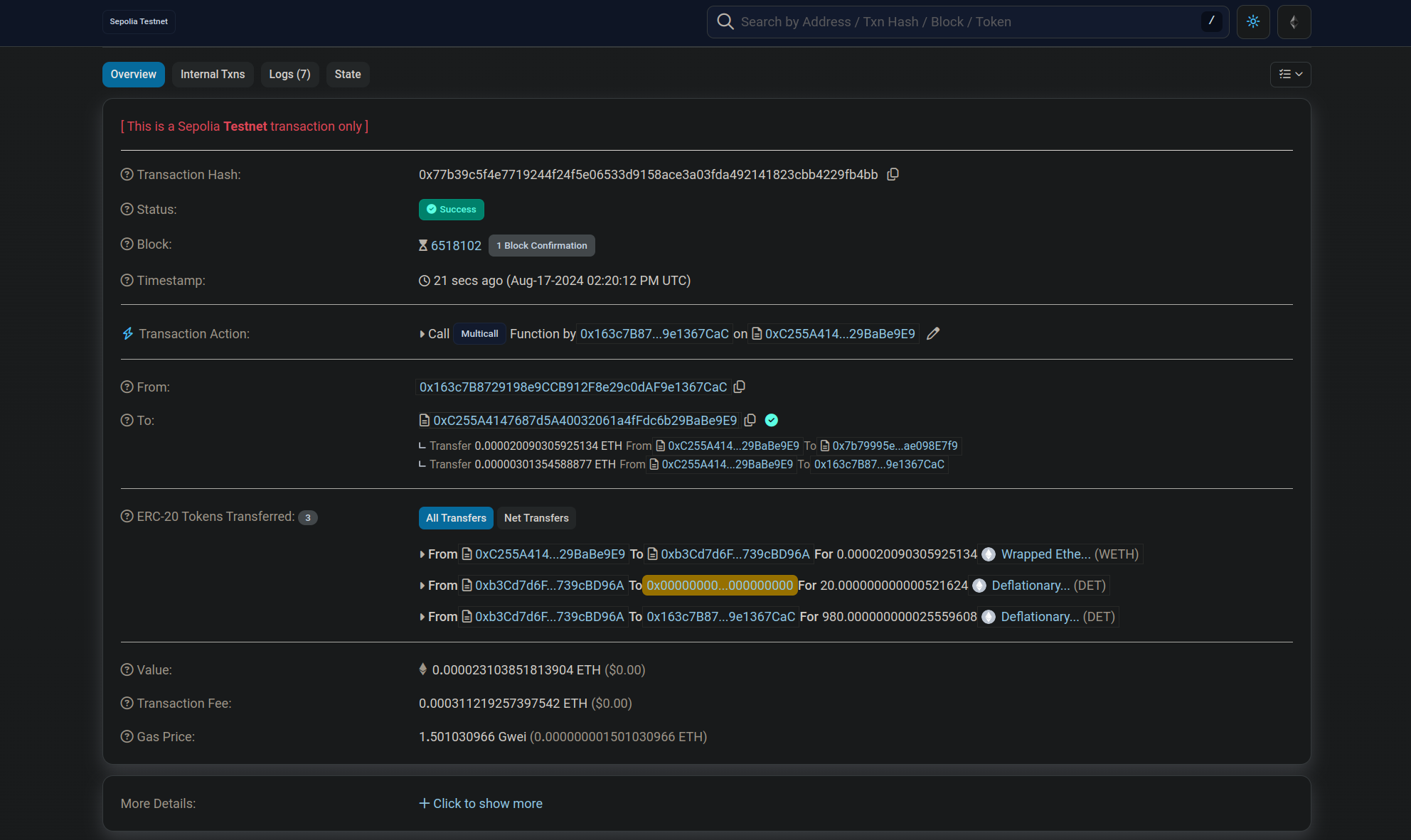 Tokens were auto-burned in the same token purchase transaction