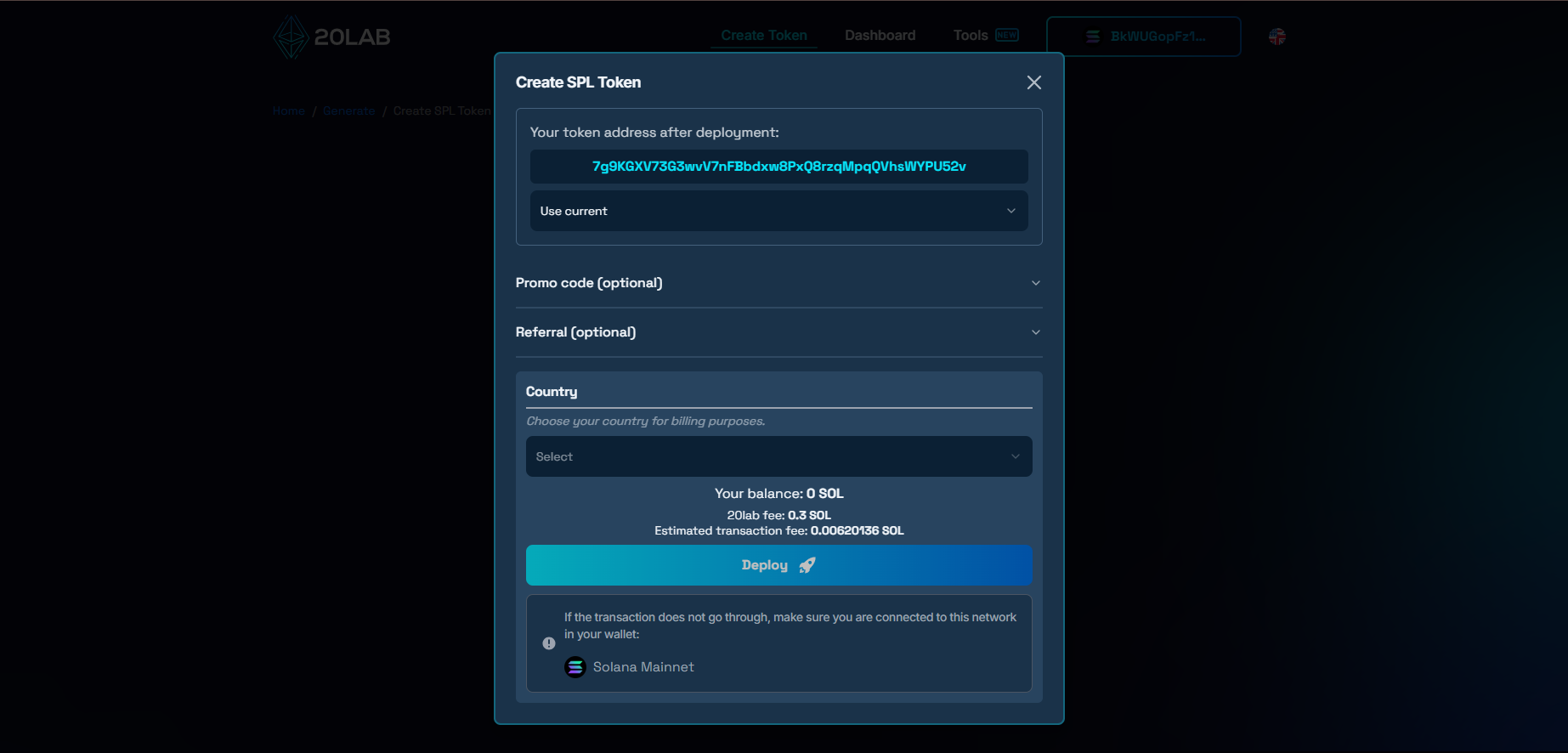 Deployment modal showing final Solana token address