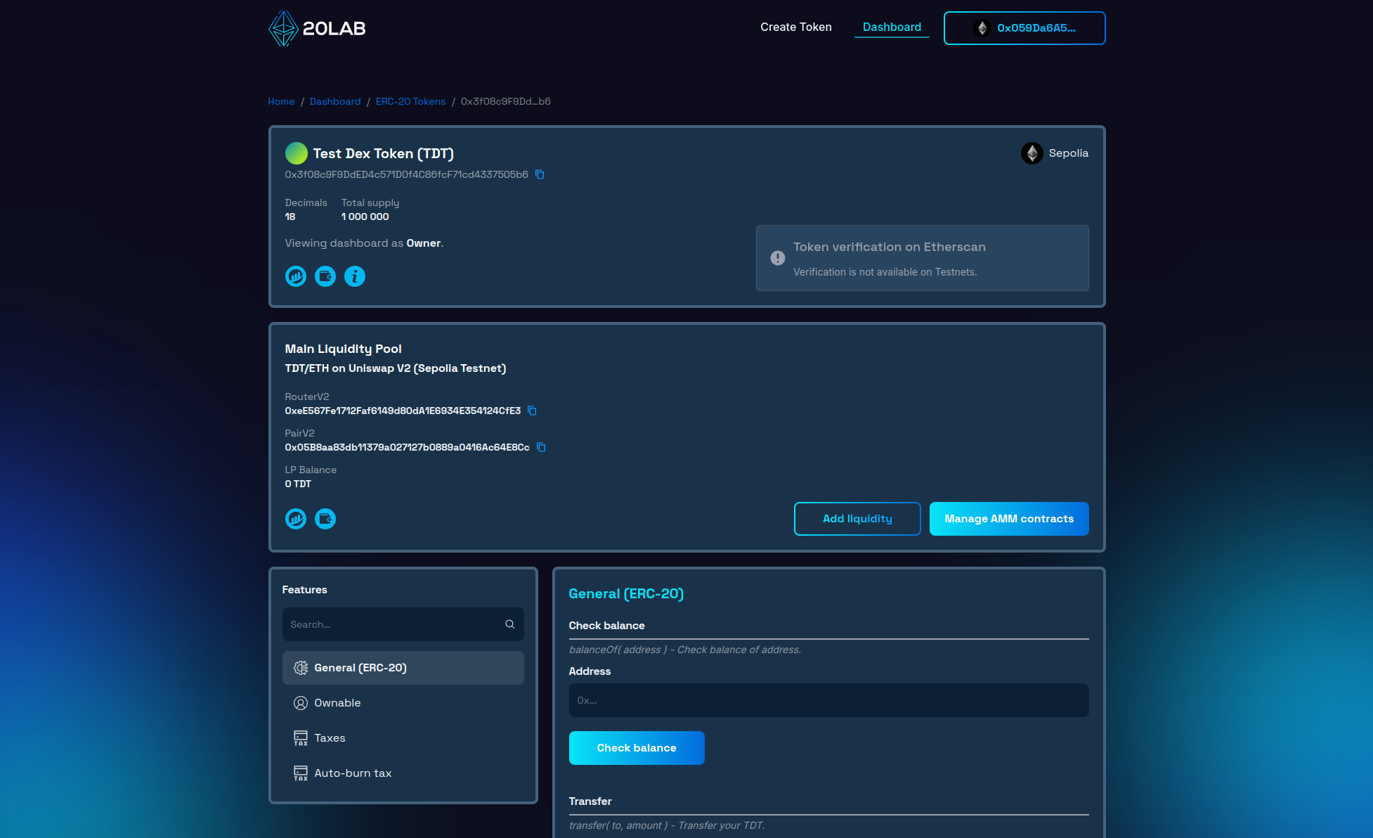 Dashboard panel for created ERC-20 token