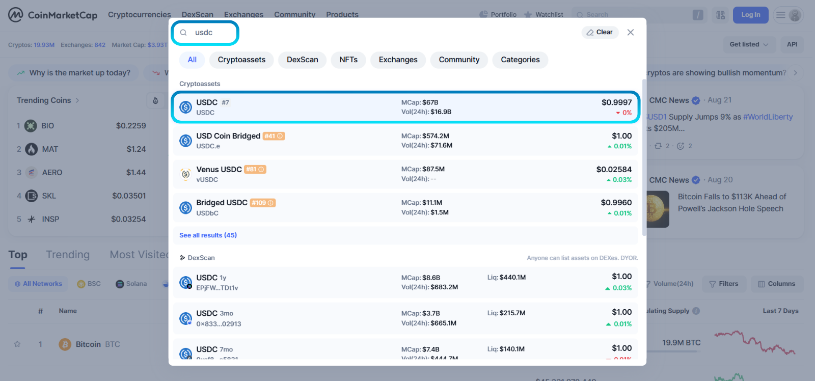CoinMarketCap search results for USDC with the token highlighted.
