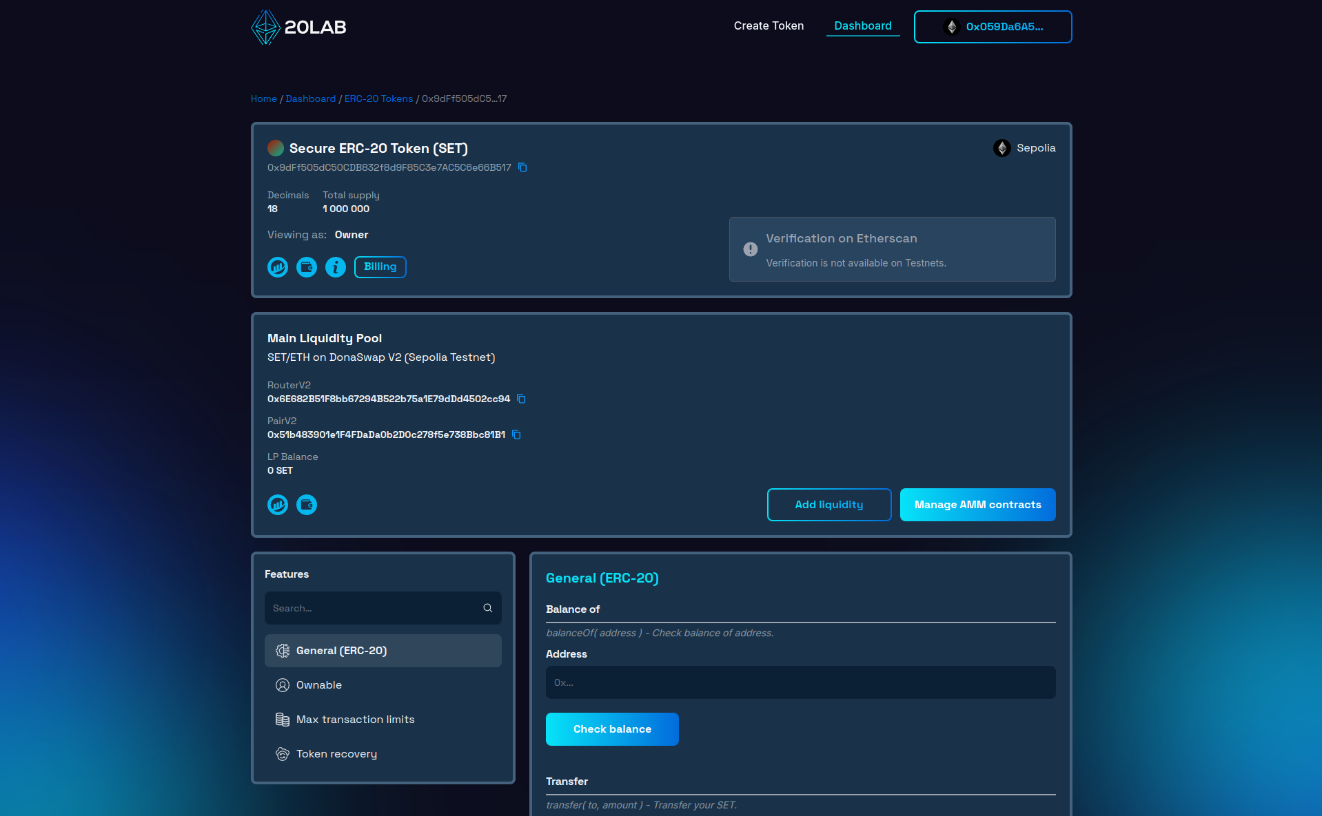 Dashboard panel for created ERC-20 token