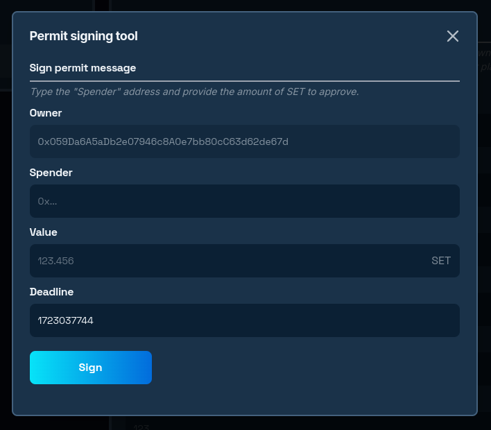 Signing tool for permit message in dashboard