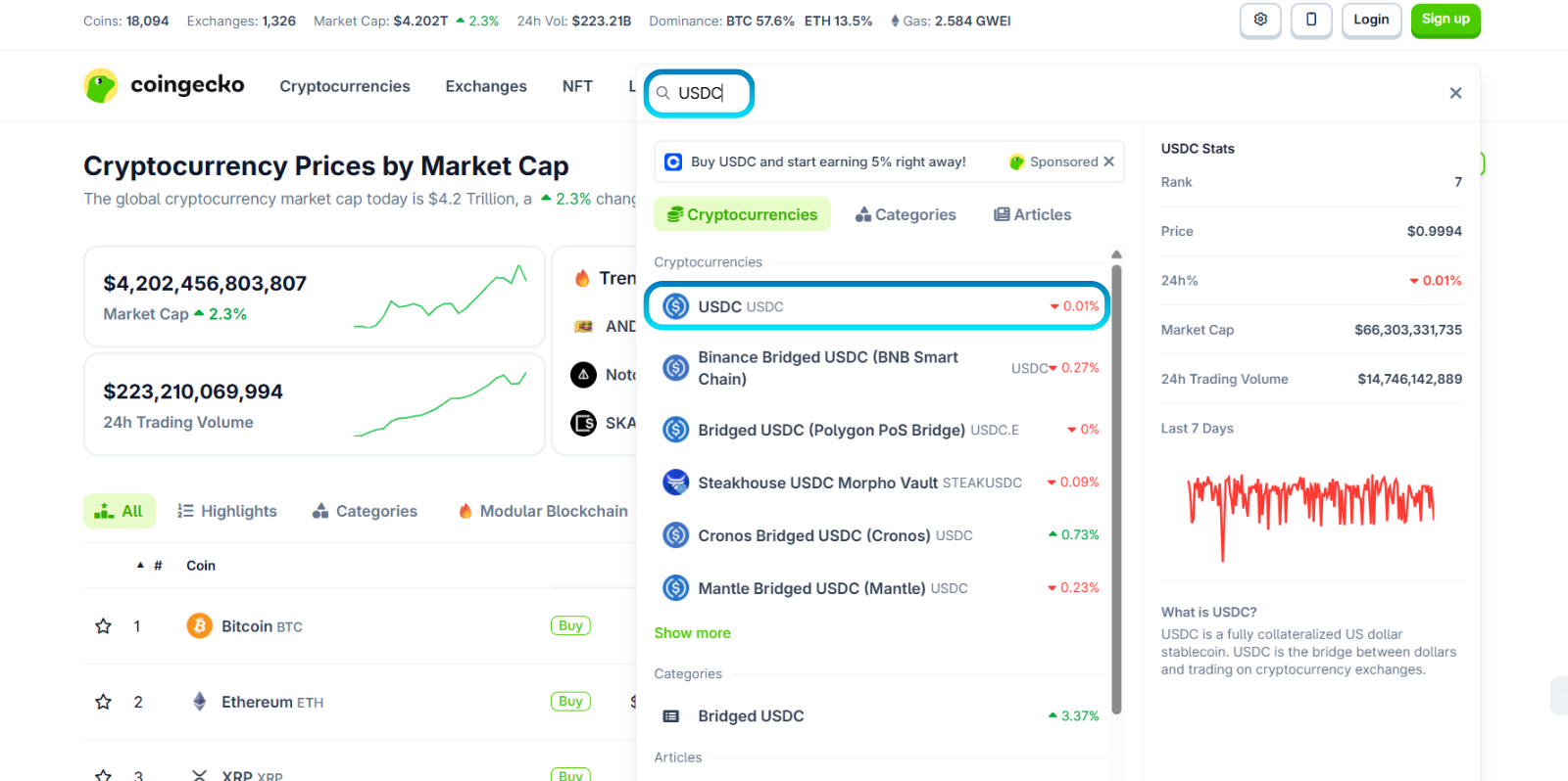 CoinGecko with search results for the query “USDC” with the token selected.
