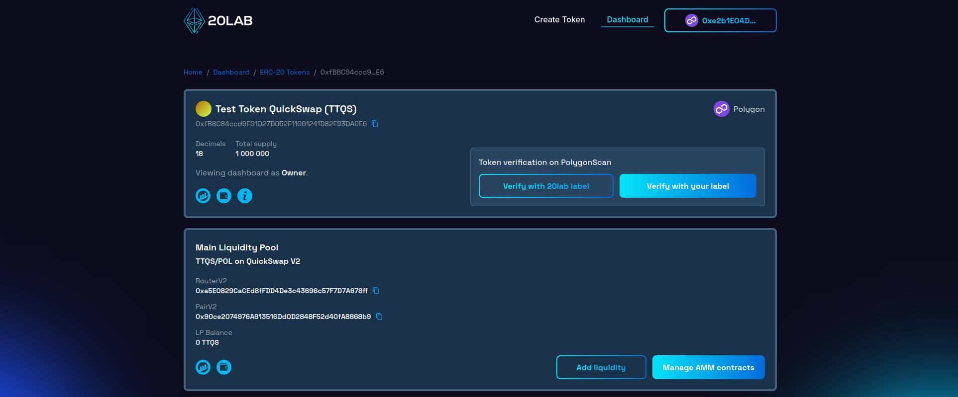 20lab dashboard page with "Main Liquidity Pool" section showing "QuickSwap"