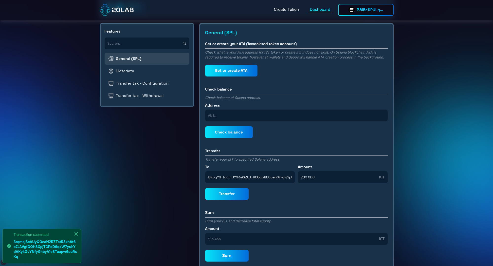 Sending 700,000 IST tokens to check max fee limit in action