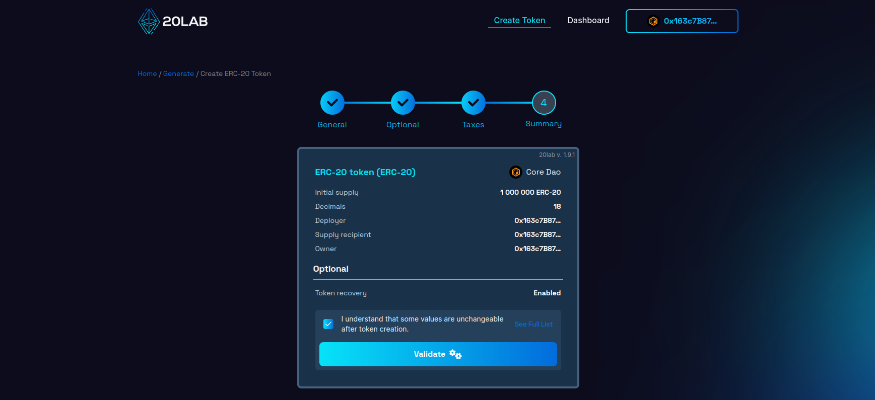 Summary page with all selected features and provided values
