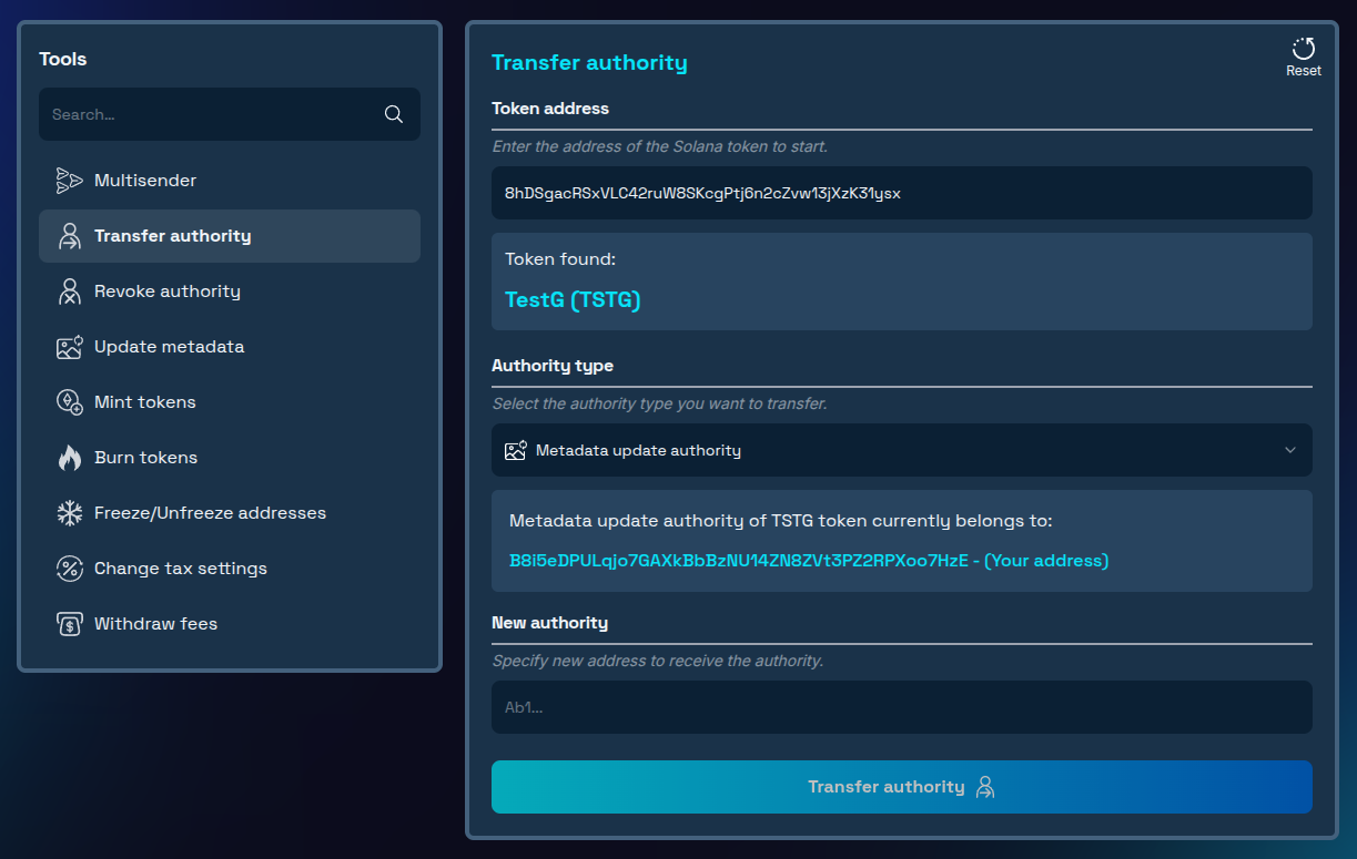 Choosing metadata update authority from dropdown