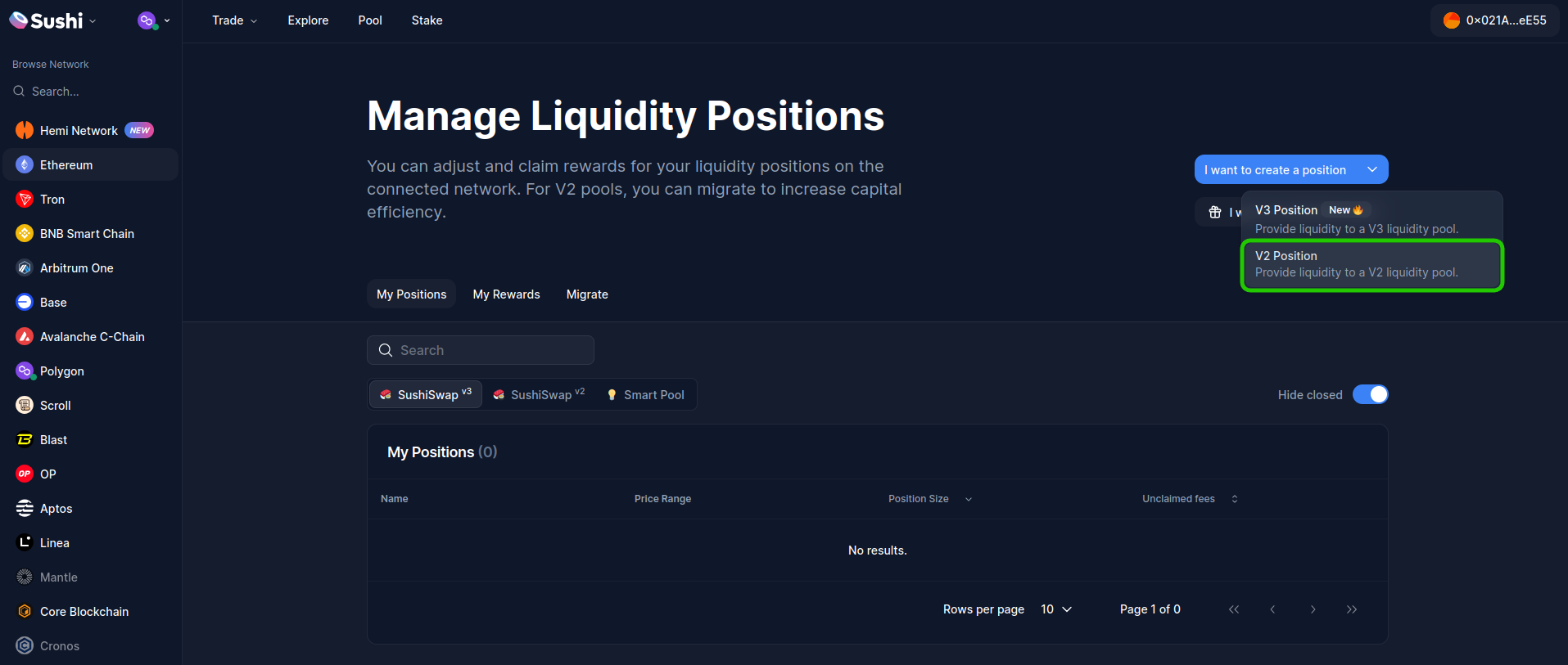 Location of "V2 Position" button on SushiSwap