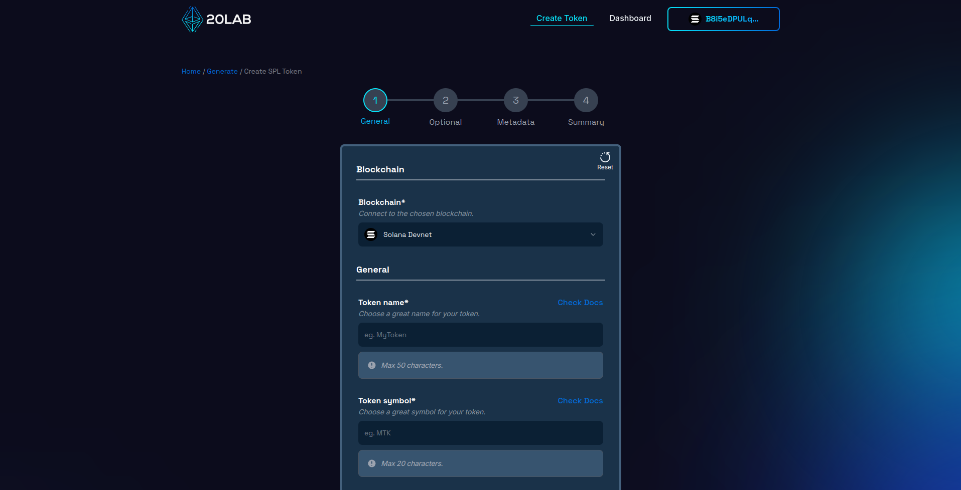 Solana wallet successfully connected to 20lab platform