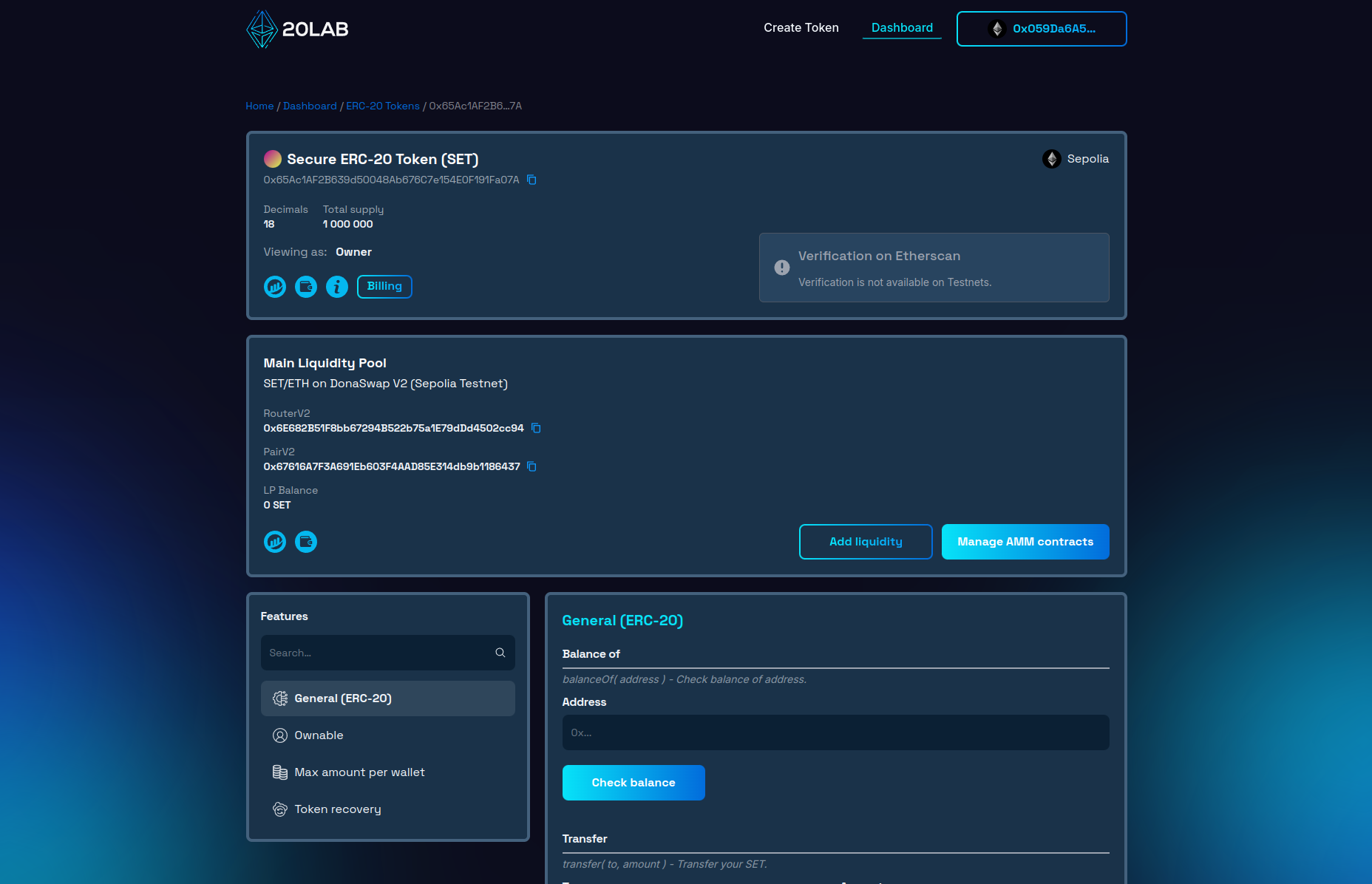 Dashboard panel for created ERC-20 token