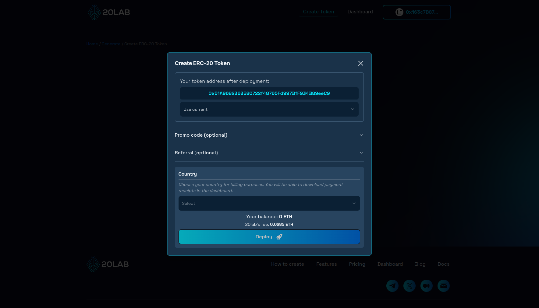 Deployment modal showing final token address