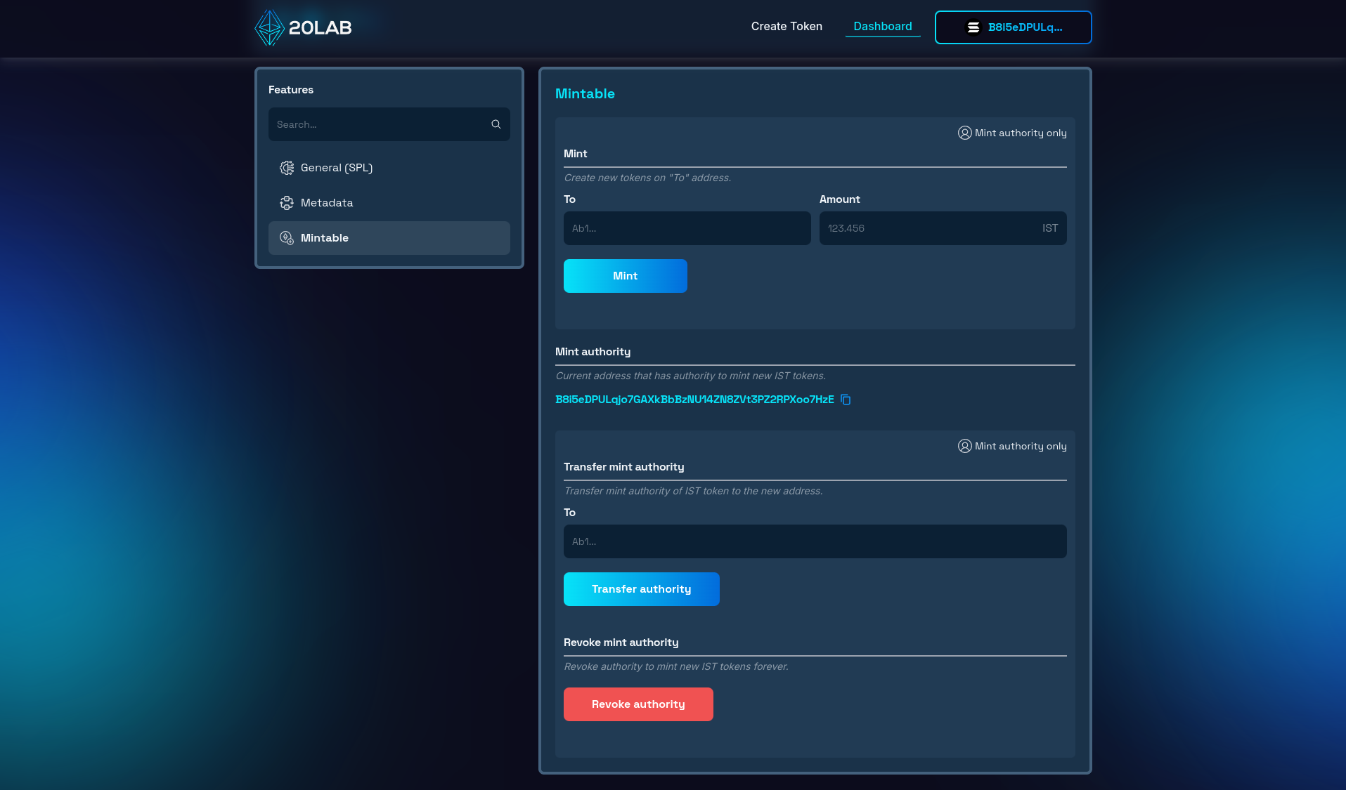 Mintable section of the dashboard