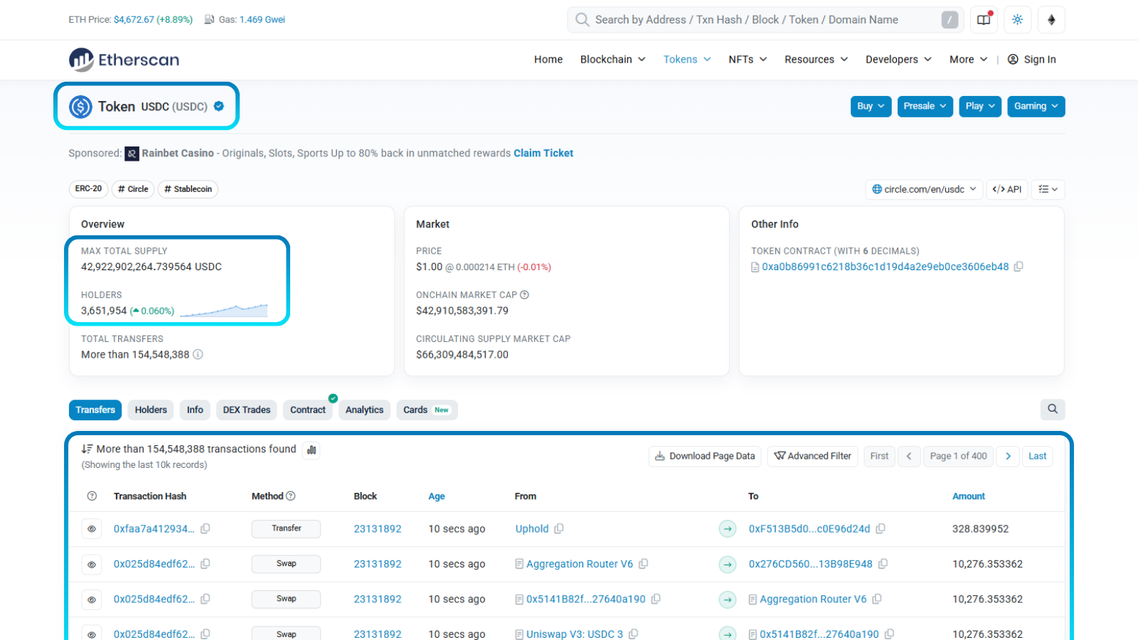 Etherscan page for USDC token shows total supply, holders, recent transfers, token name and symbol.