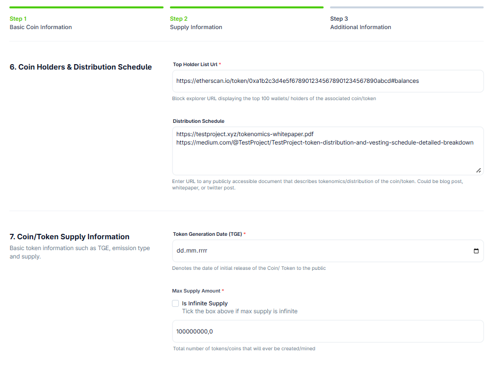 Fragment of CoinGecko application form with sections for coin holders distribution schedule, token supply information including top holder list URL, distribution schedule links, token generation date, and maximum supply amount fields.