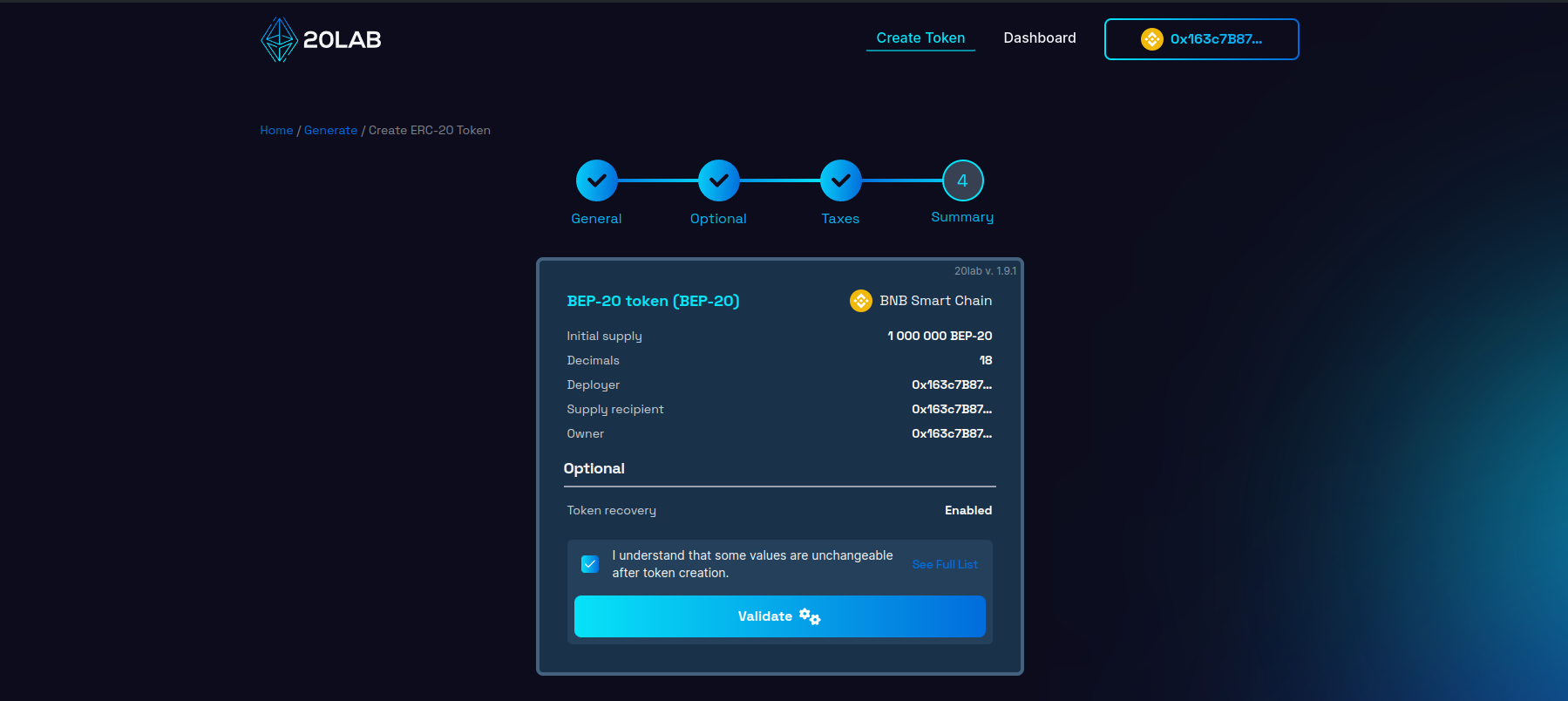 Summary page with all selected features and provided values