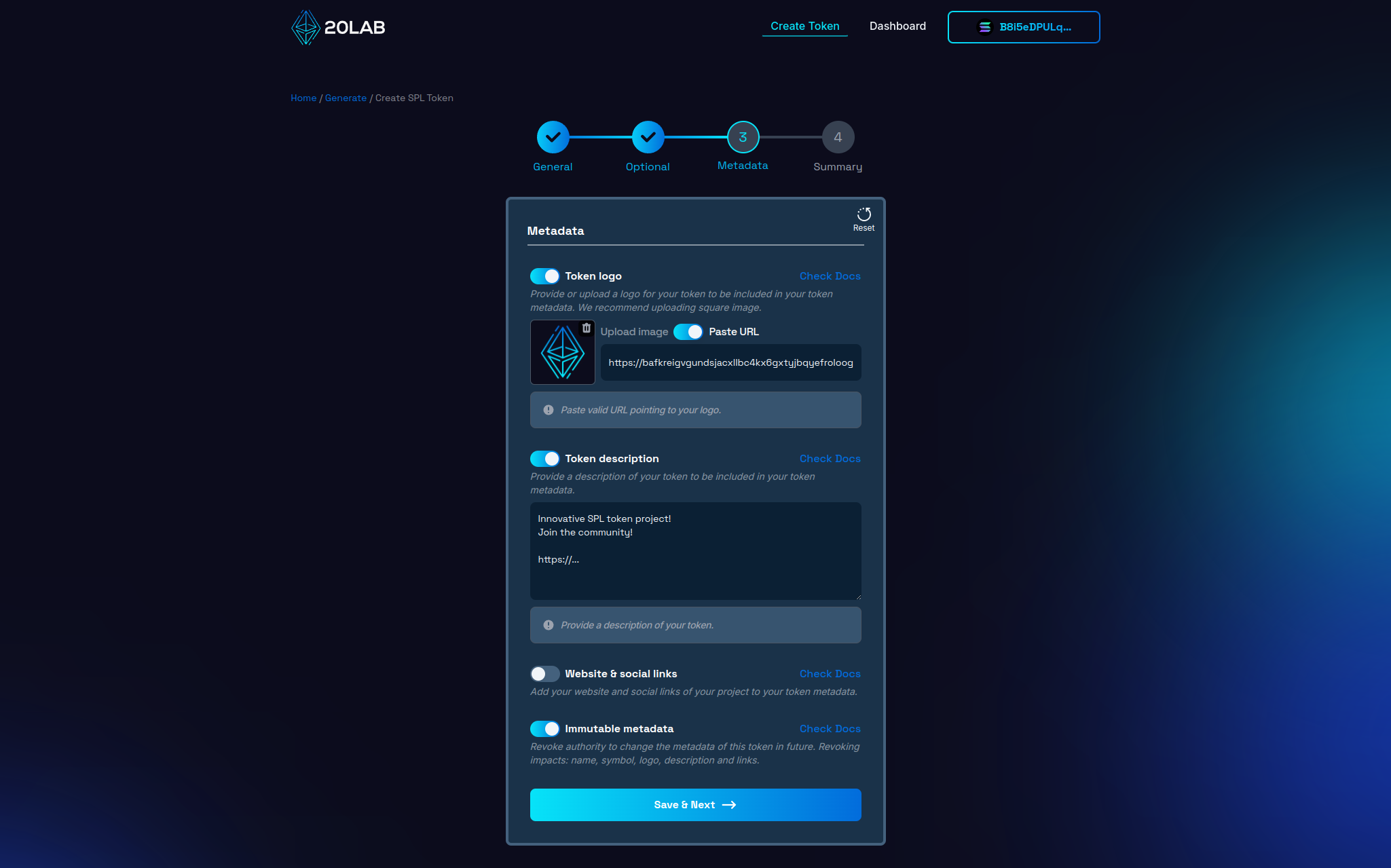 Adding token logo and token description