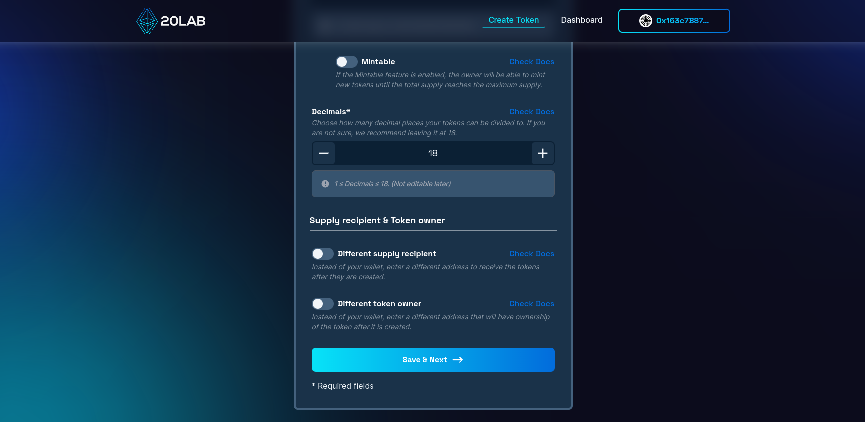 View on different supply recipient and different token owner options