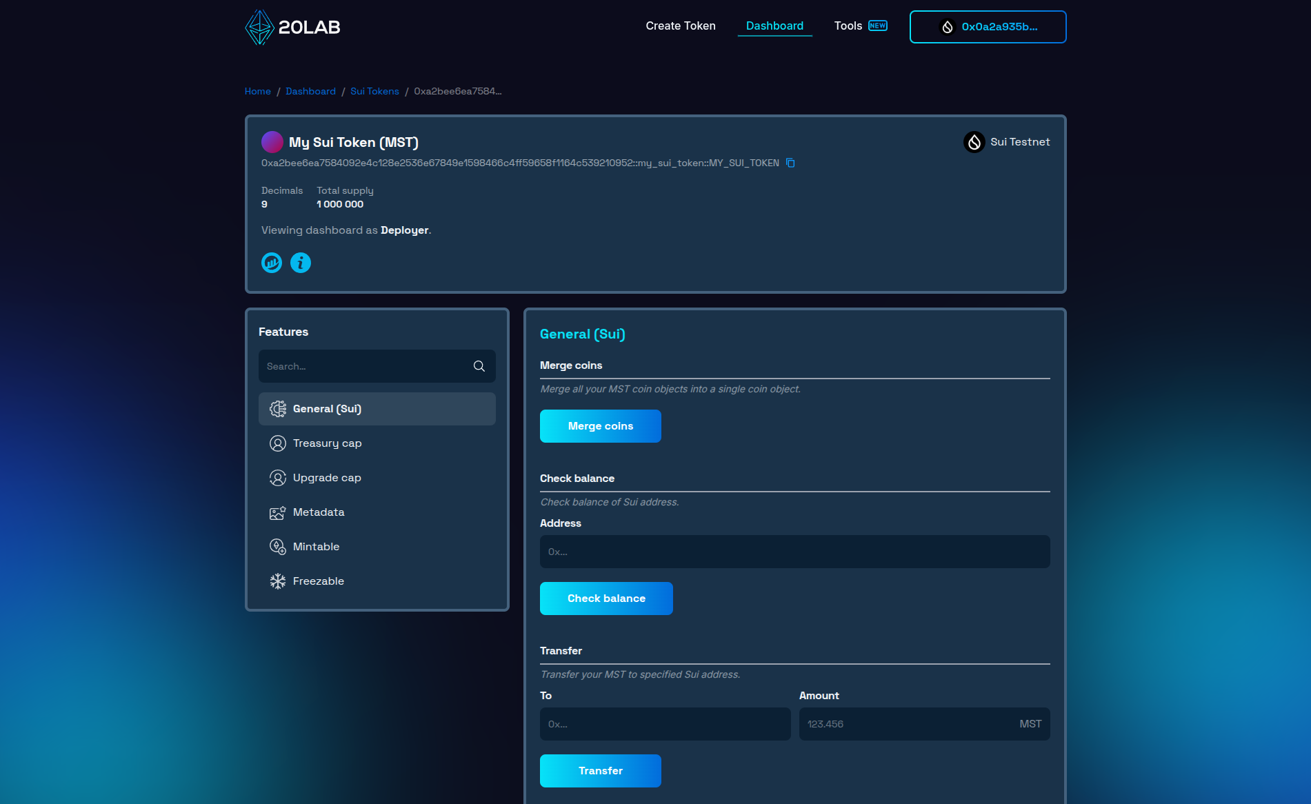 Dashboard panel for created Sui token