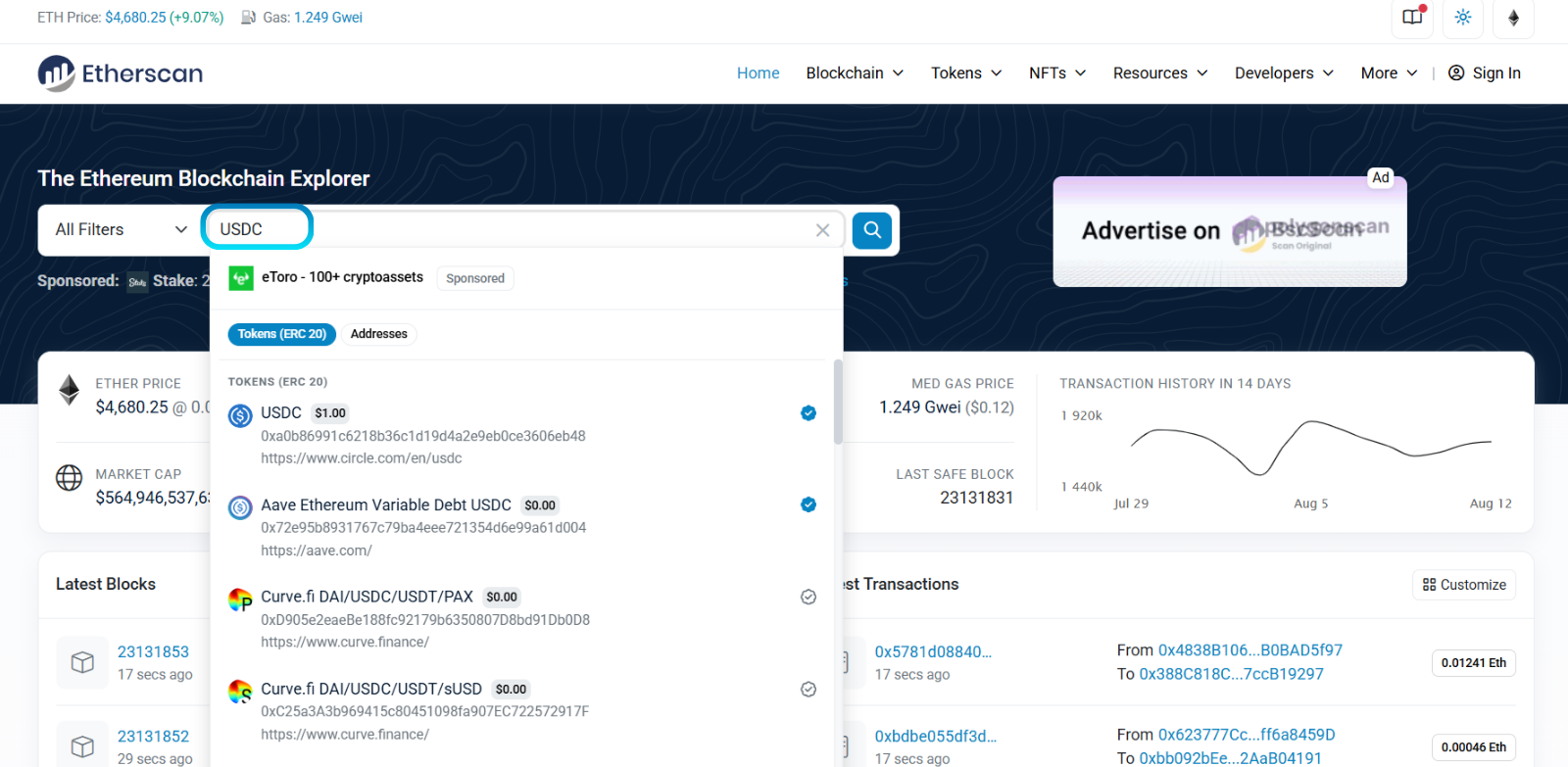 Etherscan homepage with the search term "USDC" entered.