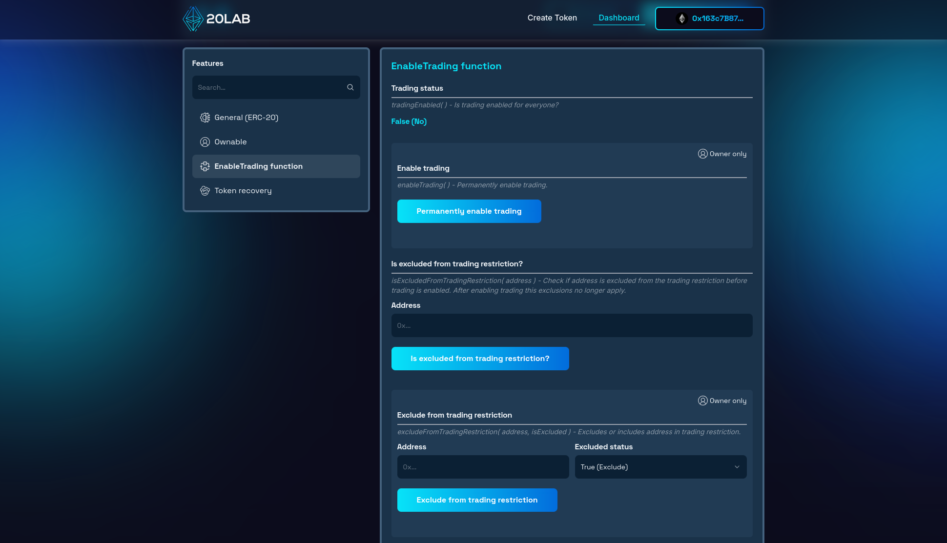 EnableTrading section of dashboard