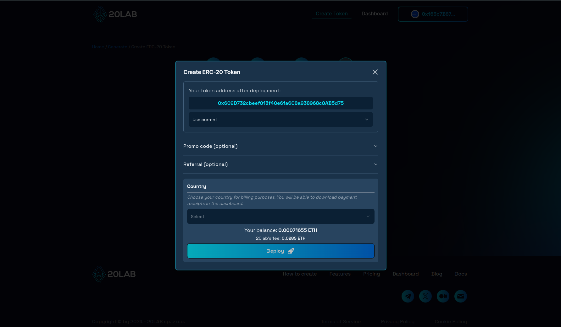 Deployment modal showing final token address