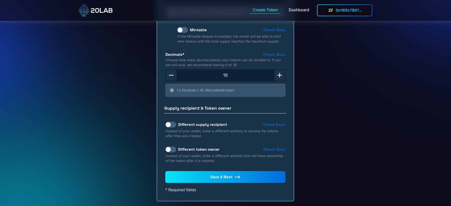 View on different supply recipient and different token owner options