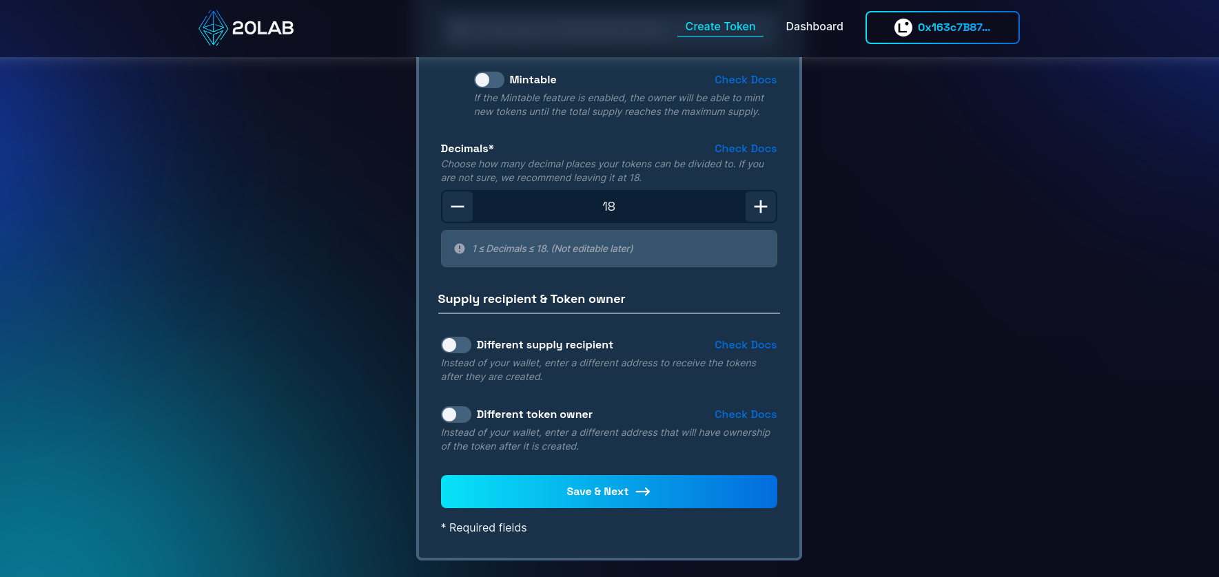 View on different supply recipient and different token owner options