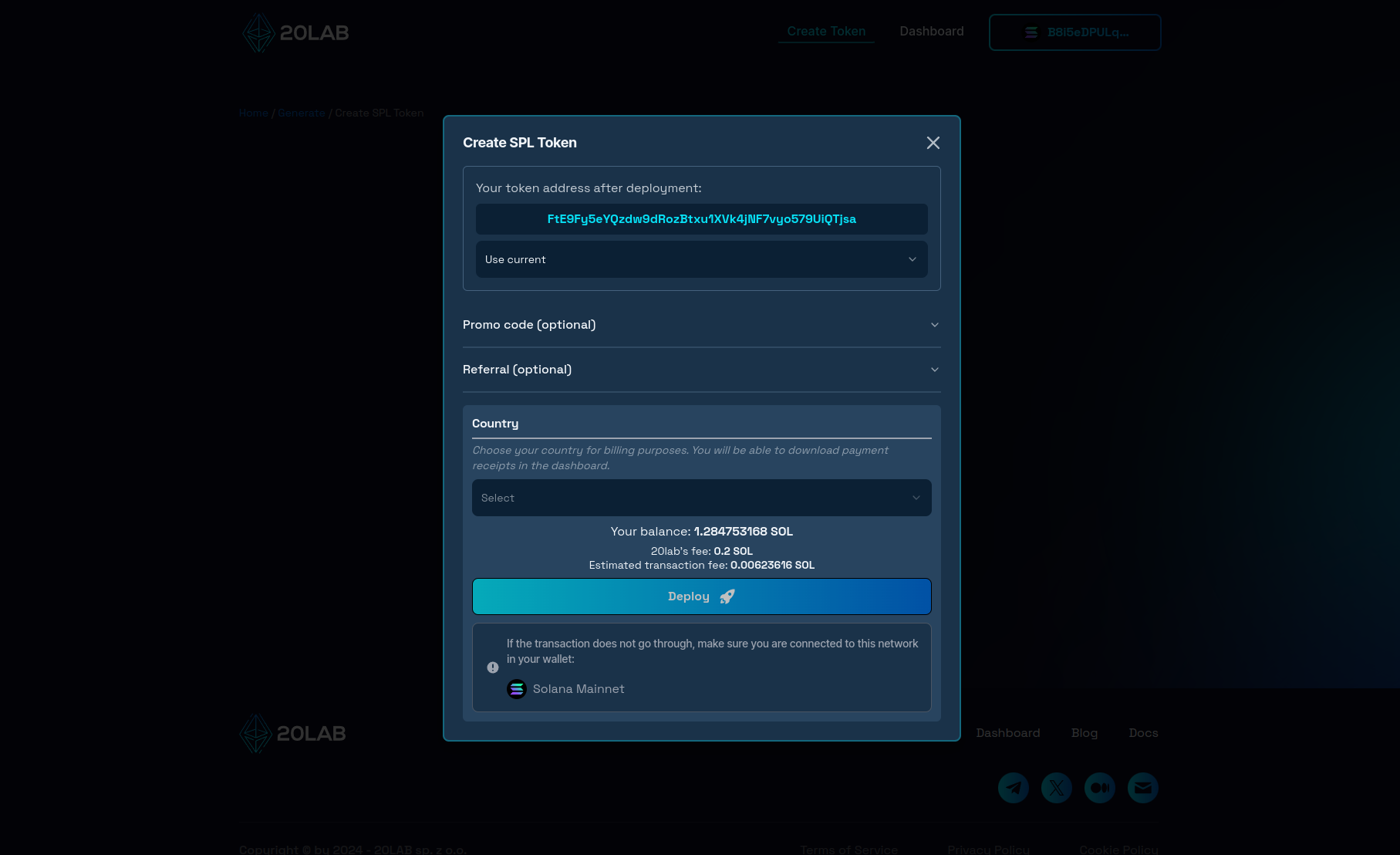 Deployment modal showing final token address