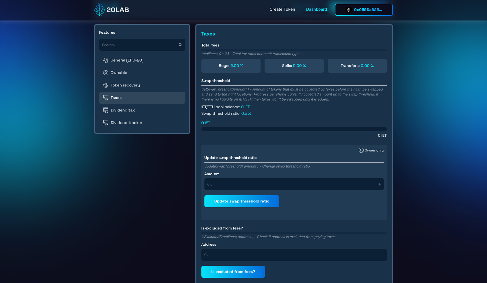 General taxes section of dashboard for common settings