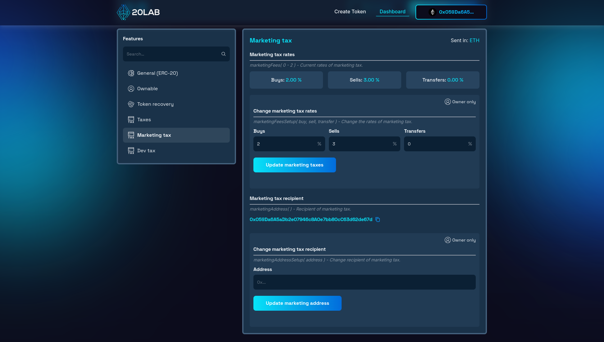 Marketing wallet tax section of dashboard