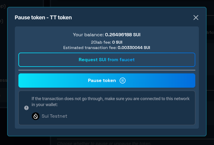 Pause token transaction confirmation modal