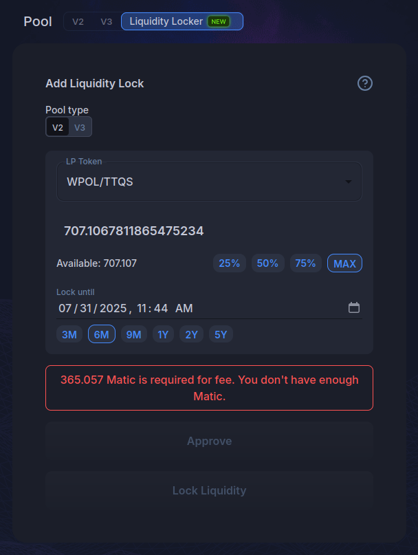 QuickSwap's liquidity locker interface