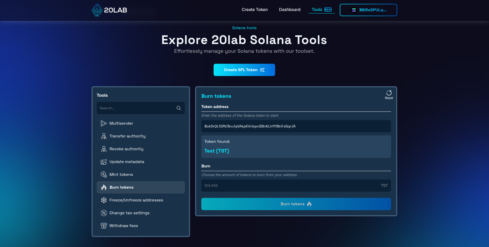Solana burn tokens tool interface