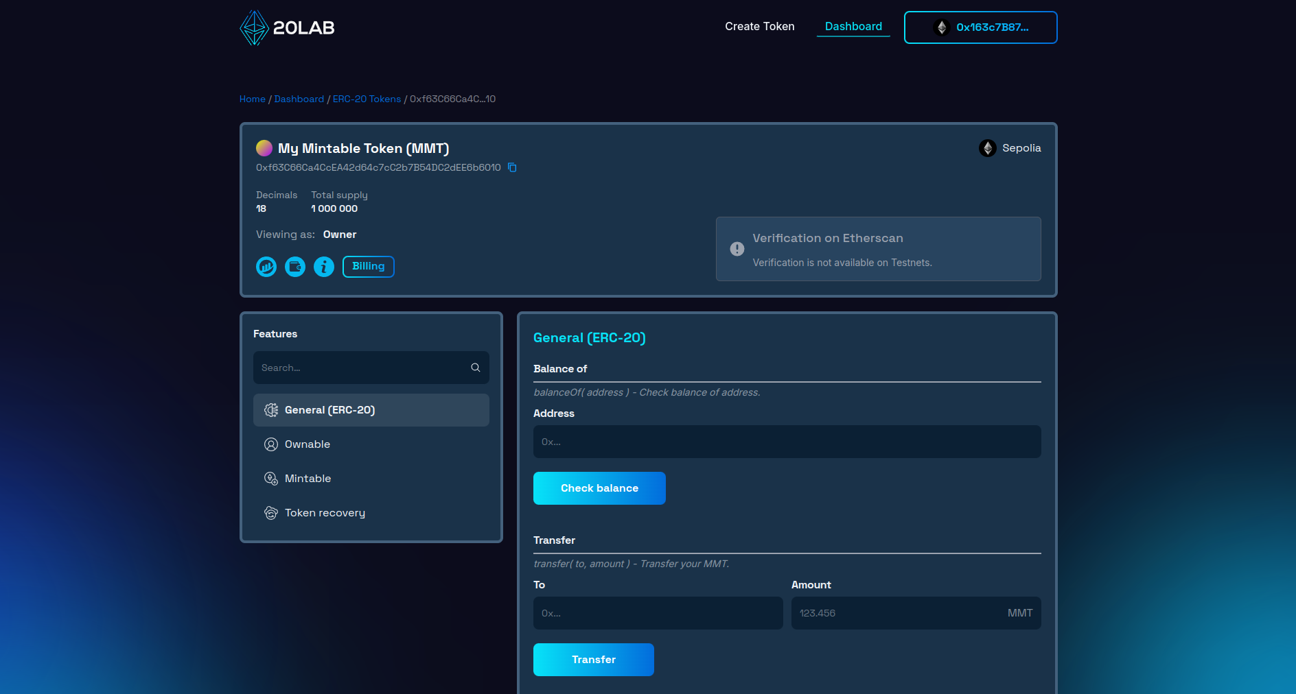 Dashboard panel for created ERC-20 token
