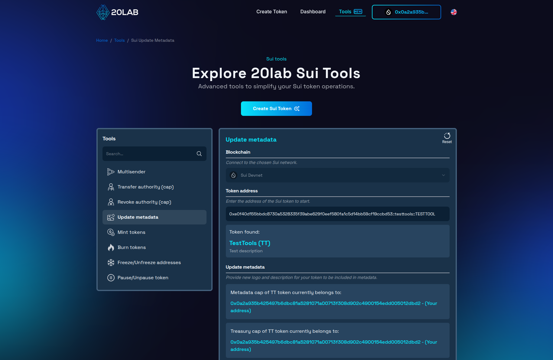 Sui update metadata tool interface with added token address