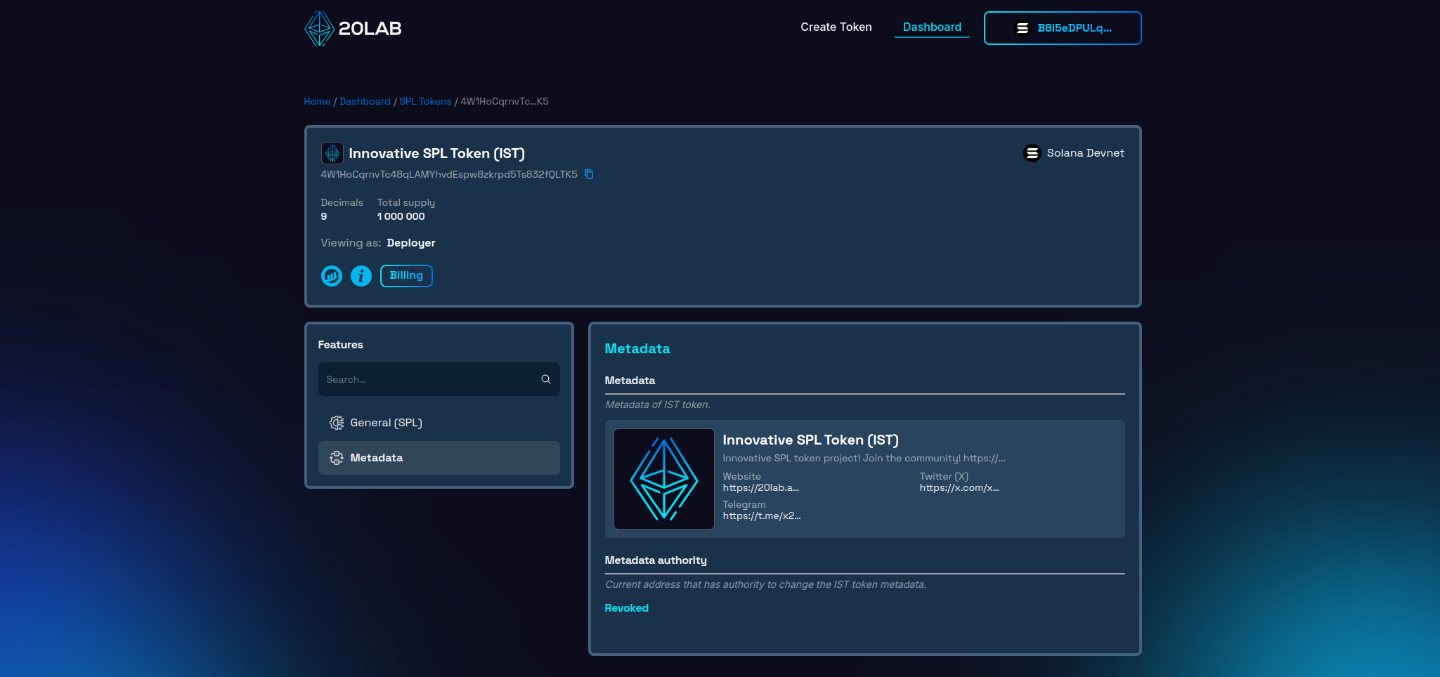 Metadata section of the dashboard