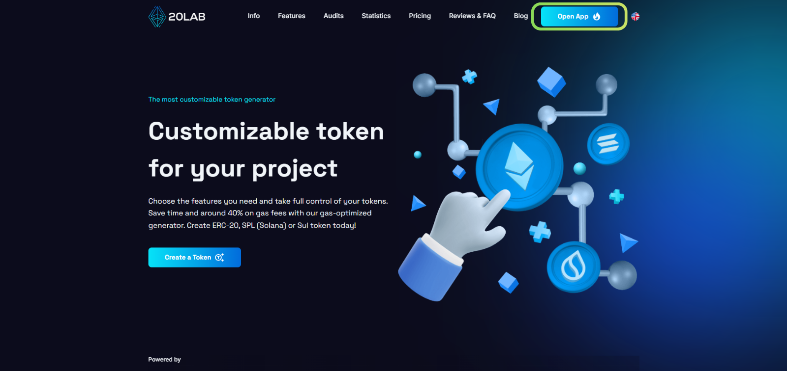 20lab homepage with the Open App button highlighted.