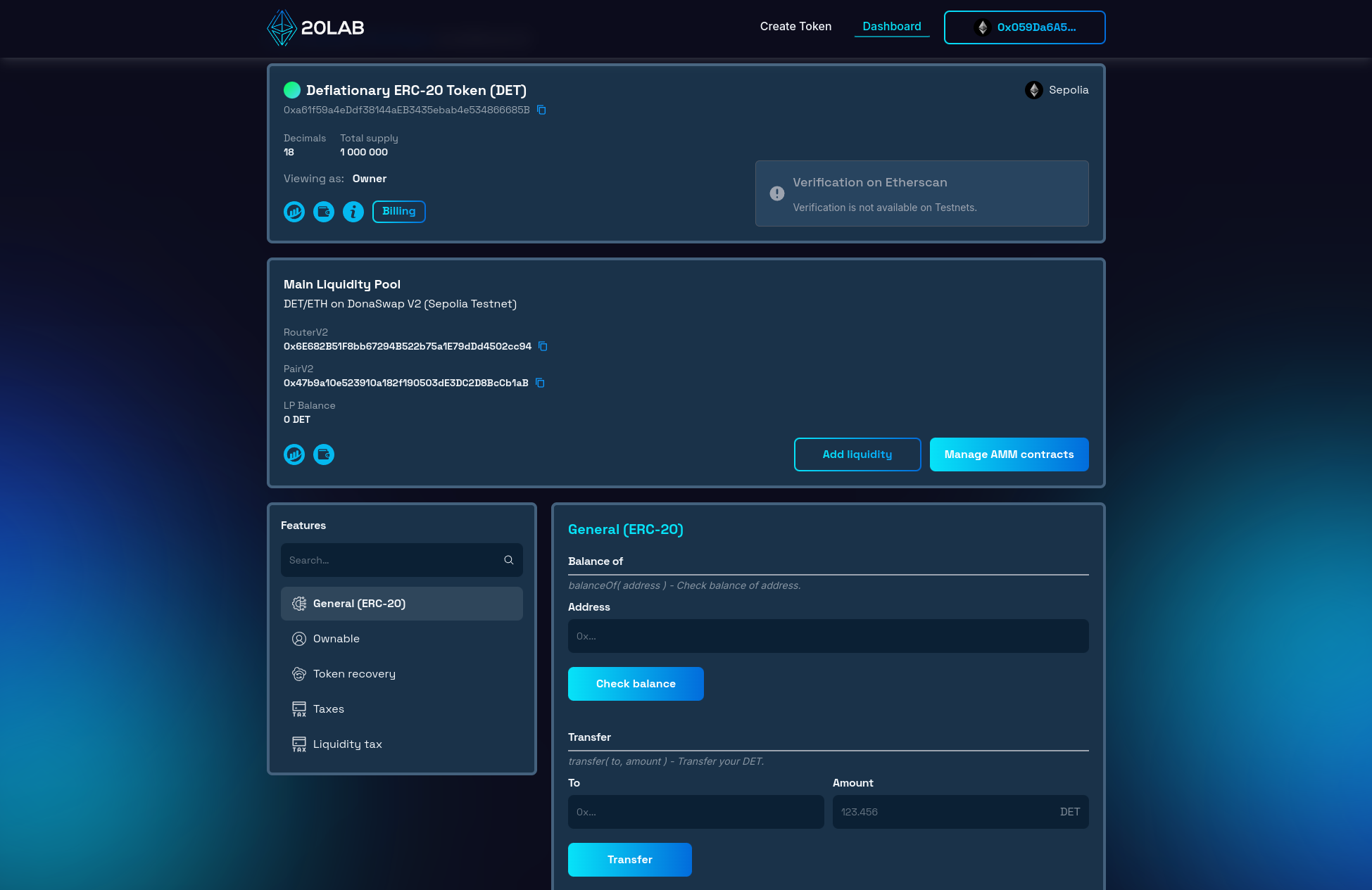 Dashboard panel for created ERC-20 token